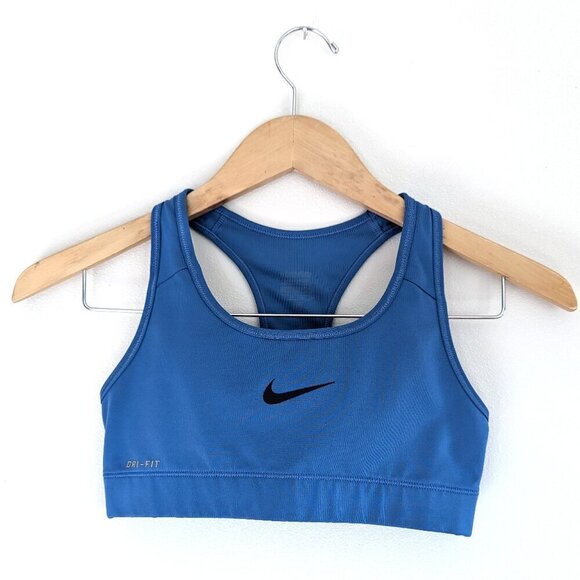 Nike Dri-Fit Swoosh Blue Sports Bra Basic Sports Bra Workout Clothing Activewear - Picture 1 of 7